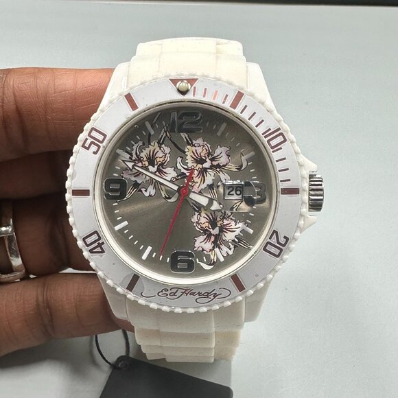 Ed Hardy Watch Women White Silver Floral Dial Silicone Band New Battery - Picture 3 of 16